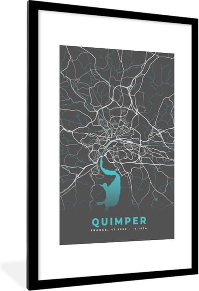 Fotolijst incl. Poster - Quimper - Frankrijk - Plattegrond - Kaart - Stadskaart - 80x120 cm - Posterlijst