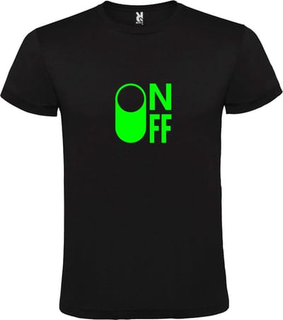 Zwart T-Shirt met “ On/Off Button ON “ afbeelding Neon Groen Size XS