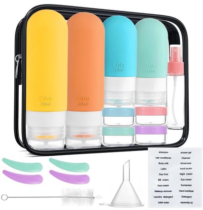 Dailygoods- Reisflessenset 17 Stuks - Siliconen - Herbruikbaar - BPA-vrij - Lichtgewicht - Compact - Milieuvriendelijk - Toilettas
