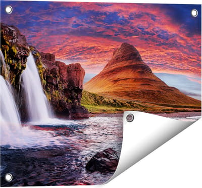 Gards Tuinposter Waterval bij een Berg - 50x40 cm - Tuindoek - Tuindecoratie - Wanddecoratie buiten - Tuinschilderij