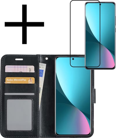 Hoesje - Met Screenprotector - Geschikt voor Xiaomi 12 - Luxe Pasjeshouder - Bookcase Portemonee - Flip Case - Kunstleer Book Case - Flipcase - Book Cover - Walletcase - Portemonneehoes - Zwart