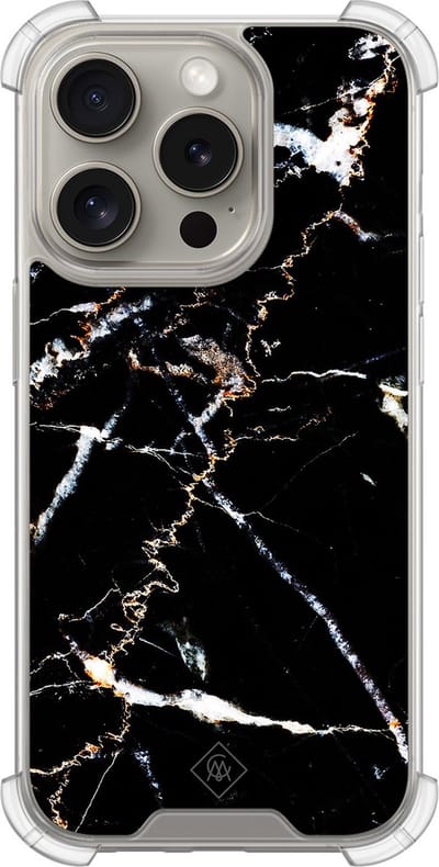 Casimoda® hoesje - Geschikt voor iPhone 15 Pro - Marmer Zwart - Shockproof case - Extra sterk - TPU/acryl - Zwart, Transparant