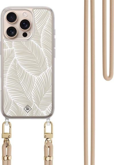 Casimoda® hoesje met koord - Geschikt voor iPhone 16 Pro - Palm Leaves Beige - Afneembaar koord - TPU/polycarbonaat - Bruin/beige