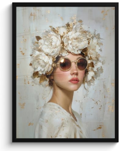 Poster in lijst - Fotolijst 60x80 cm - Posters - Schilderij - Vrouw - Zonnebril - Bloemenkrans - Posterlijst zwart - Decoratie - Wanddecoratie woonkamer - Muurdecoratie slaapkamer