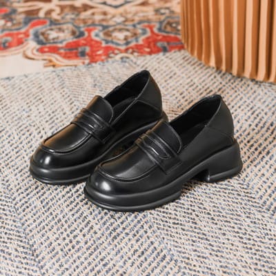 Dames Lente en Herfst Nieuwe Kleine Leren Schoenen Vroeg Britse Stijl Dikgezoolde Enkele Schoenen 40 black