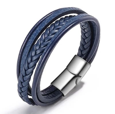 EmmyRovi Herenarmband Leer Donkerblauw 21 cm – Gevlochten Armband voor Mannen
