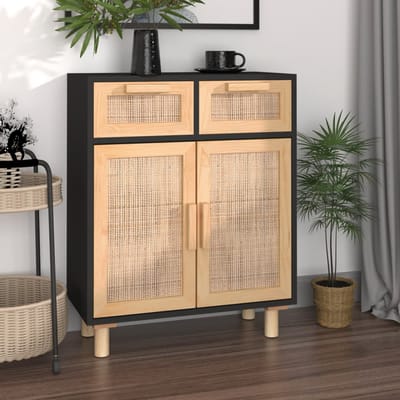 vidaXL - Dressoir - 60x30x75 - cm - massief - grenen - hout - en - rattan - zwart