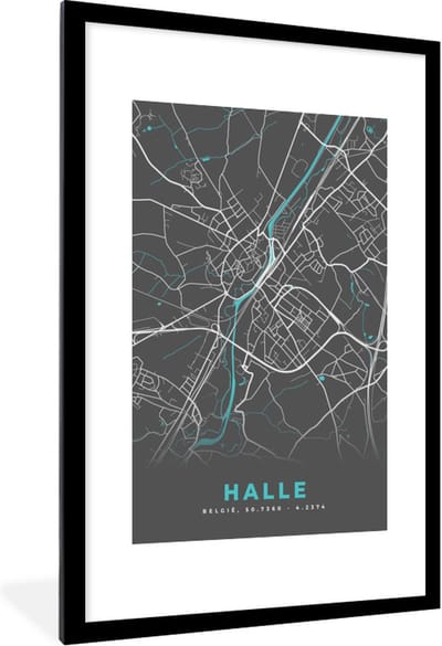 Fotolijst incl. Poster - België – Halle – Stadskaart – Kaart – Blauw – Plattegrond - 80x120 cm - Posterlijst