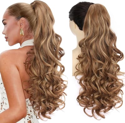 Ponytail Hairpiece met Claw Clip - 66 cm Lange Volume Golvende Haarextension met Vlecht in Lichtbruin met Blonde Highlights voor Dames