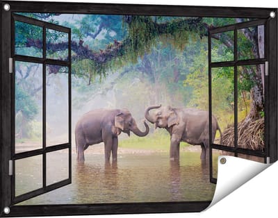 Gards Tuinposter Doorkijk Twee Olifanten in het Water - 90x60 cm - Tuindoek - Tuindecoratie - Wanddecoratie buiten - Tuinschilderij