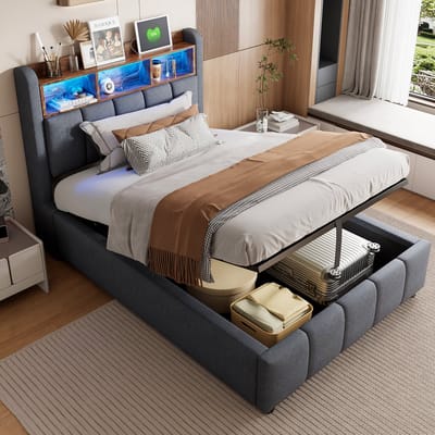 Wishdor – Gestoffeerd bed met LED-verlichting – 90 x 200 cm – Hydraulische opbergruimte – Modern design voor jouw slaapkamer – Linnen stof – Grijs