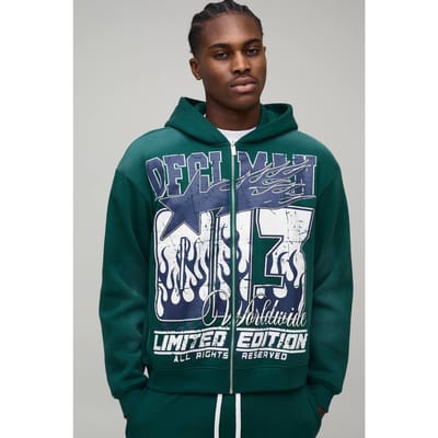 Oversized Boxy OFCL Men's Spray Wash Zip Through Hoodie | Forest | Size XS