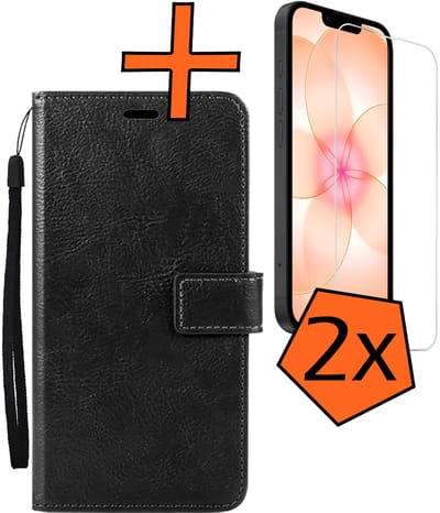 Hoes - Met 2x Screenprotector - Geschikt voor Apple iPhone 17e - Luxe Pasjeshouder - Bookcase Portemonee - Flip Case - Kunstleer Book Case - Flipcase Hoes - Book Cover - Walletcase - PortemonneeHoes - Zwart