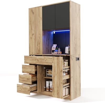 Keukenkast Met Stopcontact - Buffetkast Met LED Verlichting - Grote Opbergkast 185 cm Met Kruidenrek - Voor Keuken En Woonkamer - 185x105x40 cm