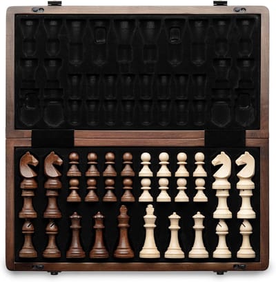 Houten Vouwbare Schaak- en Damset 38 cm - Walnoot Houten Doos met Inlegwerk