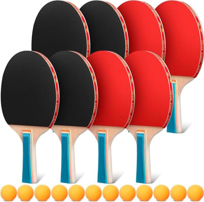 Tafeltennis Set - Rackets Ballen - Sport Spel - Duurzaam Hout Rubber - 8 Rackets 12 Ballen - Zwart Rood Blauw