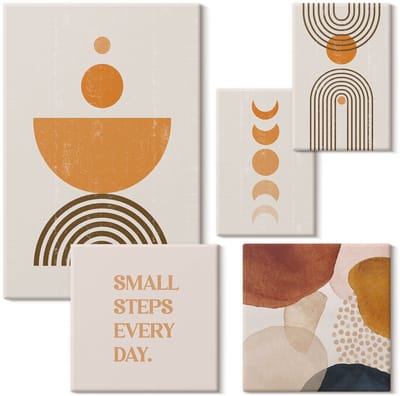 Wallfluent Set van canvas schilderijen - Stijlvolle graphics in aardse tinten met abstracte vormen Canvas Schilderijen Set - Set van 5 Canvas Schilderijen - Oranje Set van Canvas Prints - Abstractie Canvas Kunst Set - Boheemse Canvas Kunst Set