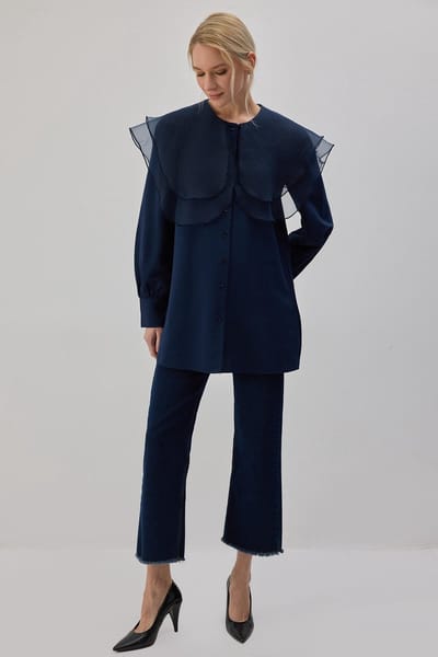 Touché Privé - Overhemd met linnen look en organza kraag - Marine - Dames