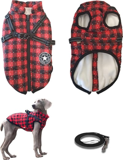Geweo Honden Jas - Hondenjas - Dog Jacket - Met aanlijn Geweo Hondenjasjes voor Hondjes - Dog Jacket - Met aanlijn ringKleine Hond -Waterafstotend - Gevoerd met rits - Warme hondenjas - Maat M - Rood Raster - Trektouw 1.5 M
