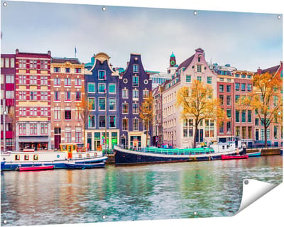 Gards Tuinposter Amsterdamse Huisjes vanaf de Gracht - 150x100 cm - Tuindoek - Tuindecoratie - Wanddecoratie buiten - Tuinschilderij