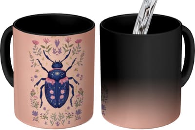 Magische Mok - Foto op Warmte Mokken - Koffiemok - Kever - Donkerblauw - Bloemen - Sierlijk - Magic Mok - Beker - 350 ML - Theemok