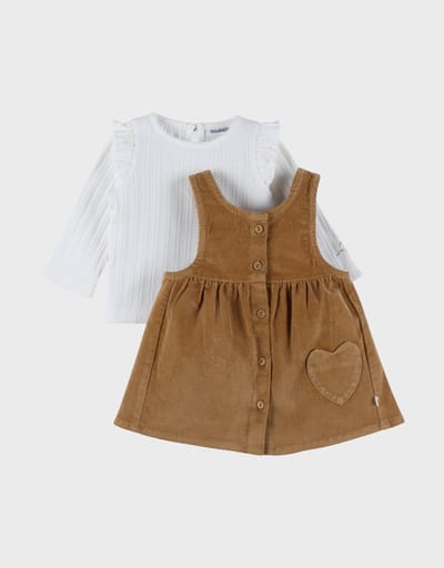 Noukie's Meisjes Set Kleedje bruin + T-shirt rib wit - Maat 80