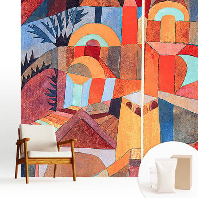 Wallfluent Behang - Kleurrijk mozaïek Vliesbehang - 250x250 cm - Oranje Behang - Voor liefhebbers van berglandschappen en kunst - Behang Voor de woonkamer, slaapkamer en kantoor - Wandbekleding Abstractie