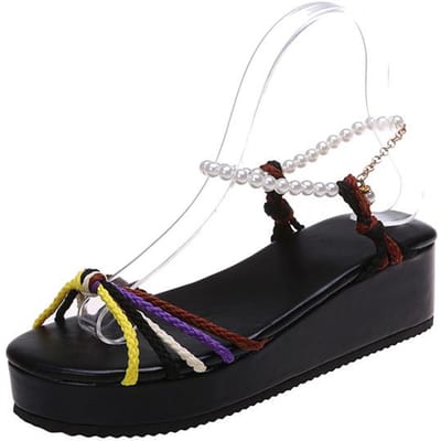 Couleur été plage bohême sandales femmes perles bride à la cheville gladiateur chaussures femme plate-forme compensées Sandalias De Mujer 43 41 noir