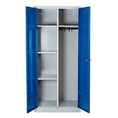 Bezemkast, B 800 mm, 4 legborden, complete middenwand, afsluitbaar, gentiaanblauw RAL 5010/lichtgrijs RAL 7035