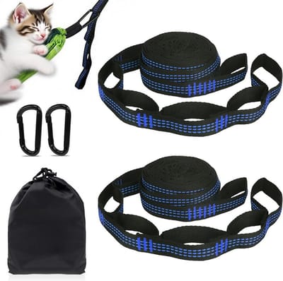 Set van 2 hangmatten, ophanging, 3 m x 2,5 cm, hangmatbevestiging met 10 + 1 lussen, met 2 haken en opbergtas, max. 200 kg, voor camping, outdoor, reizen, boomophanging, blauw