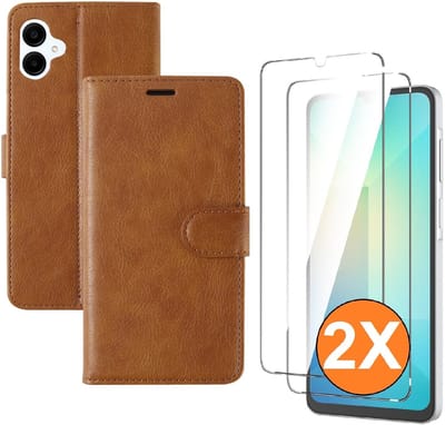 Hoesje geschikt voor Samsung Galaxy A07 hoesje Bruin pasjeshouder telefoon hoes - Met screenprotector tempered glass voor Galaxy A07 4G / 5G - 2x