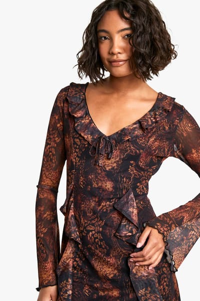 boohoo Dames Lange Dierenprint Ruffle Shift Jurk | Bruin | Maat: 36