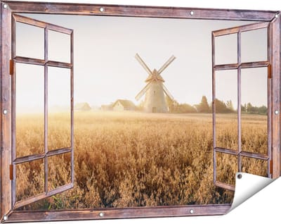 Gards Tuinposter Doorkijk Windmolen in het Veld - 120x80 cm - Tuindoek - Tuindecoratie - Wanddecoratie buiten - Tuinschilderij