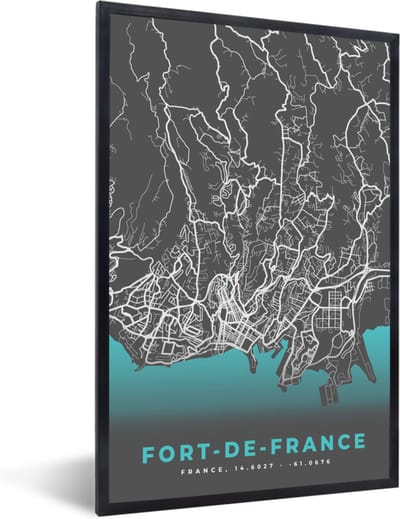 Fotolijst incl. Poster - Kaart – Stadskaart – Frankrijk - Fort-de-France - Plattegrond - 40x60 cm - Posterlijst