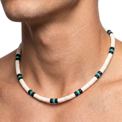 Wit turquoise zwart kralen ketting heren bohemian surf stijl kralen ketting choker kokosnoot look schijfkralen korte ketting met turquoise accenten verstelbare ketting zonder hanger