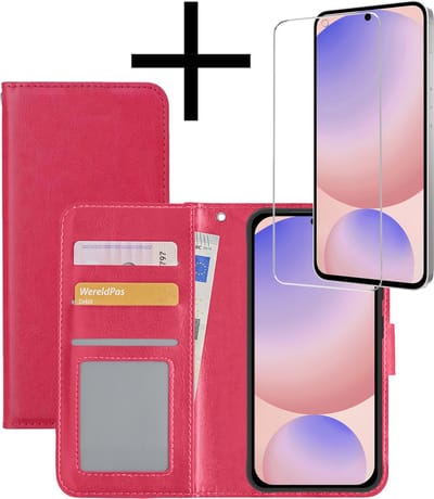 Hoesje - Met Screenprotector - Geschikt voor Samsung Galaxy S24 FE - Luxe Pasjeshouder - Bookcase Portemonee - Flip Case - Kunstleer Book Case - Flipcase - Book Cover - Walletcase - Portemonneehoes - Donkerroze