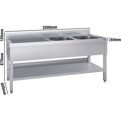 GGM Gastro Spültisch ECO - 2000x600mm - mit Grundboden - mit 2 Becken rechts Zilver