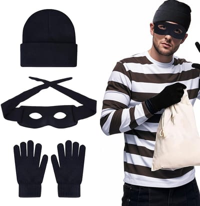 Dailygoods- Dief Kostuum 3-delig - Roverskostuum - Oogmasker - Gebreide Muts - Handschoenen - Voor Carnaval/Halloween - Carnavalskostuum