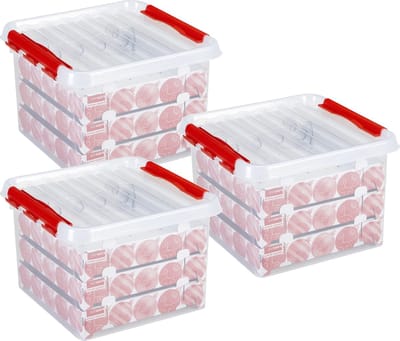 Opbergbox - 3x - voor 75 kerstballen - 26 liter - rood deksel - kerstversiering opruimen - opbergen