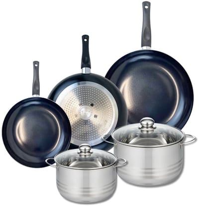 Set van 3 Kookpannen 24, 28 en 32 cm en 2 braadpannen 20 en 24 cm Elo Prima Glanzend