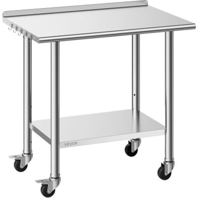VEVOR Roestvrijstalen Tafel voor Restaurants, 915 X 610 X 894 mm, Verstelbare Roestvrijstalen Tafel met Wielen, Opstaande Rand (30 mm), Werktafel met Onderblad voor Restaurants, Bovenste Blad (227 kg), Onderste Blad (191 kg)