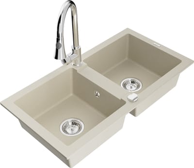 Mexen Mario granieten gootsteen 2-komor met keukenmengkraan Elia, beige - 6504-69-670101-00