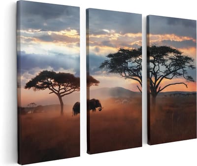 Artaza Canvas Schilderij Drieluik Olifant In Het Wild - Savanne - 120x80 cm - Wanddecoratie Woonkamer - Schilderijen - Muurdecoratie
