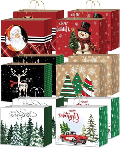 Papieren Cadeauzakjes - Feestelijke Draagtassen - Cadeaus Inpakken - Met Handvat - 12 Stuks - Kerstthema