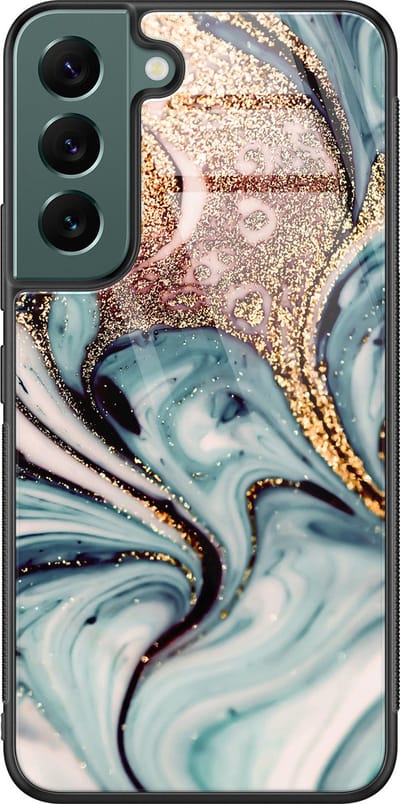 Hoesje geschikt voor Samsung Galaxy S22 - Marmer blauw goud - Luxe Glazen Hardcase - Marmer - Blauw, Goud