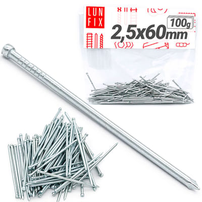LUN FIX - Stauchkopf spijkers 2,5 x 60 mm - 100g (ca. 64 stk.) - Verzinkte bouwspijkers - Houten spijkers voor bouwprojecten