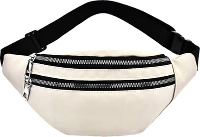 KIMU® Crème Witte Heuptas Twee Ritsen - Polyester Fanny Pack Met Twee Vakken - Zwarte Band - Tasje Heuptasje Festival