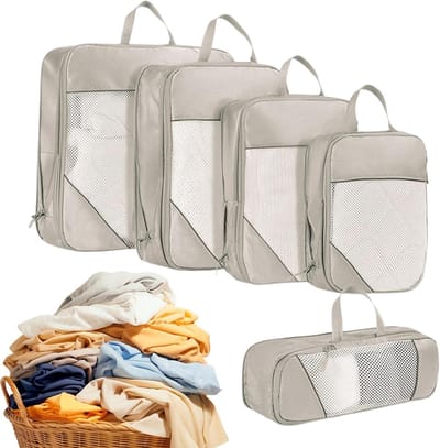 Reis Compressie Tassen - Reis Opbergzakken - Ruimte Besparen - Praktisch Compressiesysteem - 5 Stuks - Beige