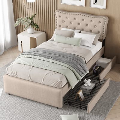 Sweiko 90*200 cm plat bed, Gewatteerd bed, nachtkastbekleding met decoratieve klinknagels, dubbele laden, donker beige