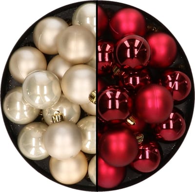 32x stuks kunststof kerstballen mix van champagne en donkerrood 4 cm - Kerstversiering